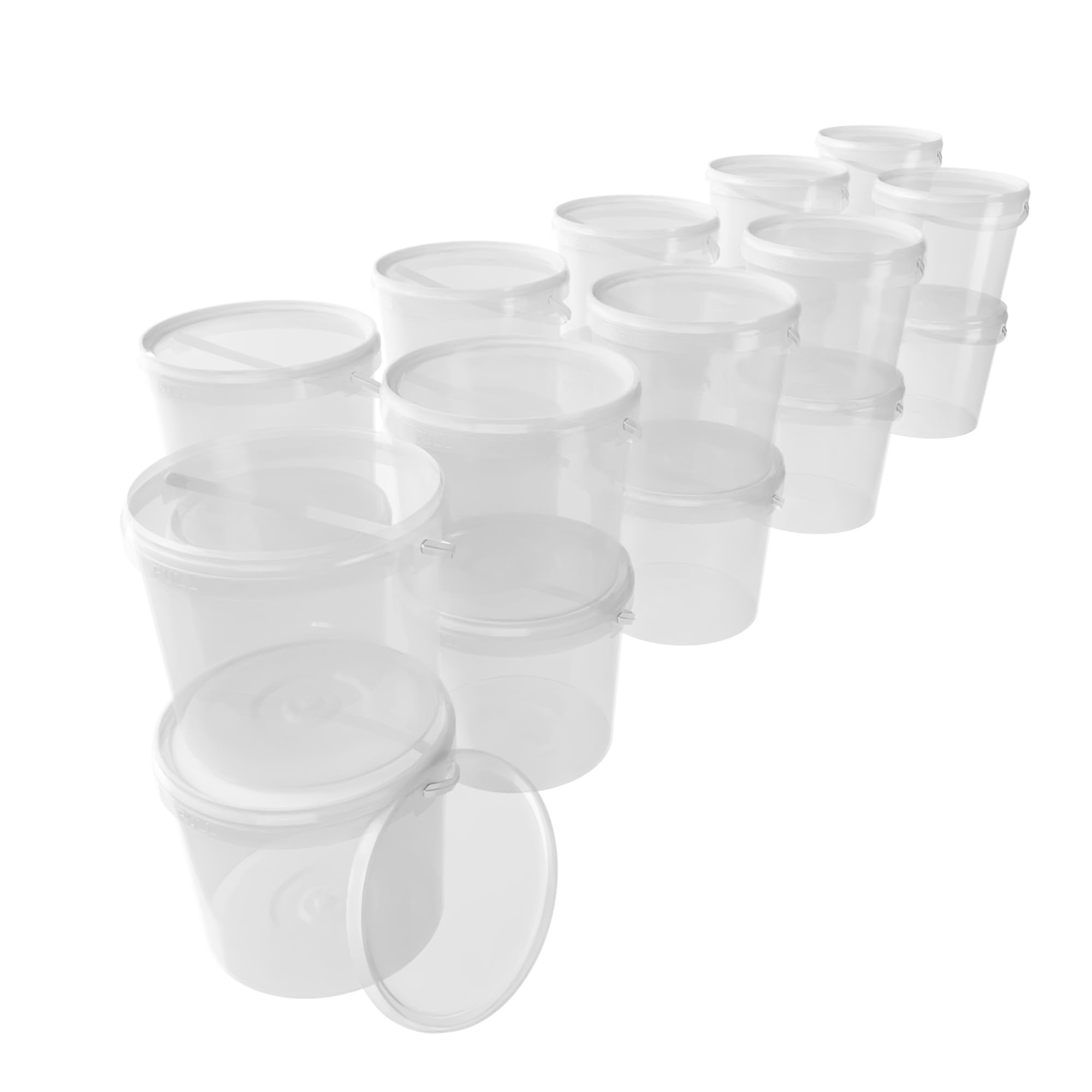 20 secchi con coperchio, 5 l, trasparenti, rotondi, in plastica, per alimenti, ermetici e stabili, secchi vuoti con manico e coperchio, adatti per alimenti chimici in polvere