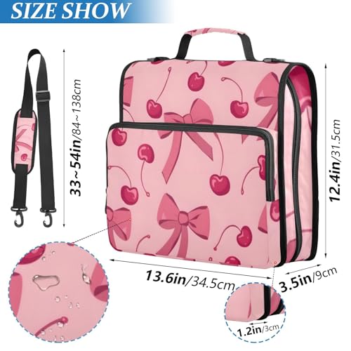Image of Bow Cherry Pink Zipper Binder Bag 3 Ring Binder with Shoulder Strap Zip Up 500 Sheets Capacity Multi Pockets for School Office Supplies