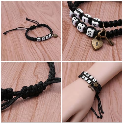 Image of AKOAK 2 Pcs HIS HERS Couple Braided Bracelet Padlock Key Pendant Hand Braided Lanyard Valentine's Day Gift Jewelry