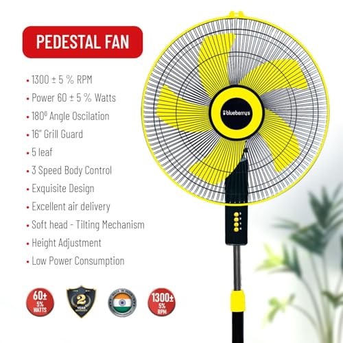 Image of Blueberry's 5 Blade Pedestal Fan High Speed for Home | 3 Adjustable Fan Speeds | 1300 RPM Motor | 2 Year Warranty