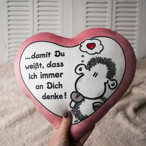 Sheepworld Plüschkissen Motiv Denke | Plüschkissen in Herzform, 30 cm x 25 cm, Mehrfarbig, 100% Polyester | Geschenk, Liebe, Valentinstag | 48183
