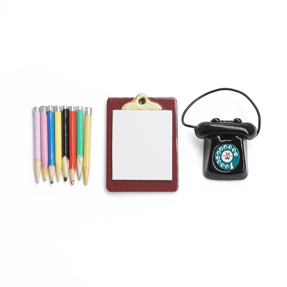 Odoria 1/12 Scale Dolls House Miniature Telephone and Clipboard Colored Pencils Dollhouse Accessories, Black
