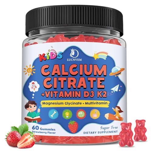 Kids Calcium Citrate Gummies with Vitamin D3 Supplement Calcium Citrate 300/600 mg with Magnesium Zinc & Multivitamin for Kids 4+ & Teens Support Bone Muscle & Digestive Health Sugar Free 60ct
