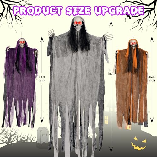 Image of Halloween Decorations,3 Pack Halloween Hanging Skeleton Ghosts with Lighted Up Eyes,Scary Colourful Cloth Grim Reapers for Indoor,Outside Yard Lawn,Haunted House Prop,Party Supplies