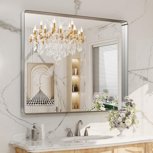 LOAAO 40X36 Inch Brushed Nickel Bathroom Mirror, Rounded Rectangle Silver Metal Frame Mirror, Brushed Nickel, Anti-Rust, Shatter Proof, Hangs Horizontally or Vertically