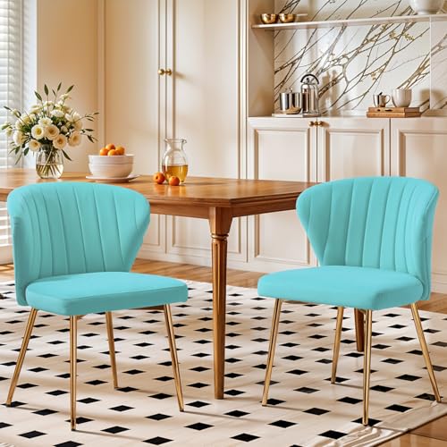 LOVSPATIO Velvet Dining Chairs Set of 2, Modern Upholstered Vanity Chairs with Golden Metal Legs for Dining Room Kitchen Vanity Patio (Teal)