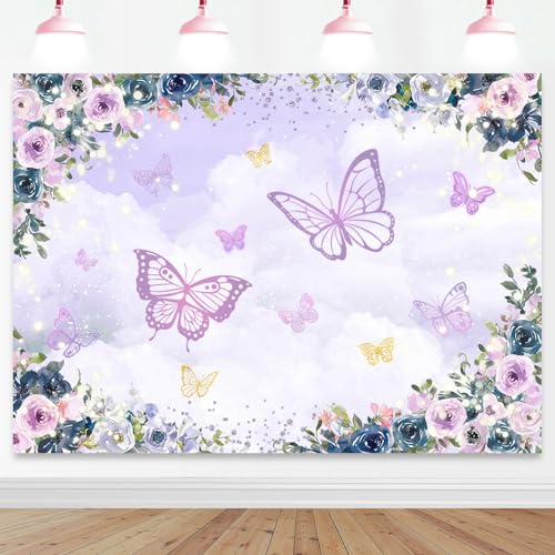 Mocsicka fondo violeta mariposa 7x5ft para fiestas miniatura 1