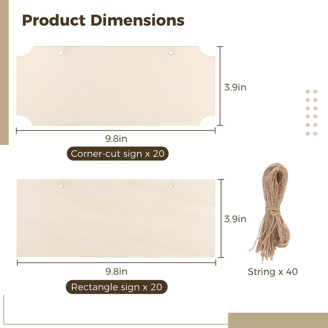 40 Stk. Unfertige Holzschilder zum Aufhängen, rechteckige blanke Holzplaketten, leere hängende Holzscheiben mit Seilen, DIY Holz Hängeschilder zum Bemalen und Beschriften, Bastelbedarf für Zuhause