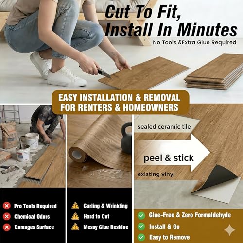 Image of Waterproof Peel and Stick Floor Tile, 54 Sq.Ft Natural Blonde Maple Vinyl Flooring, Easy DIY-Install & Durable for Kitchen, Bedroom, Bathroom, RVs, Rental-Friendly (36-Planks 6 inchx36 inch)