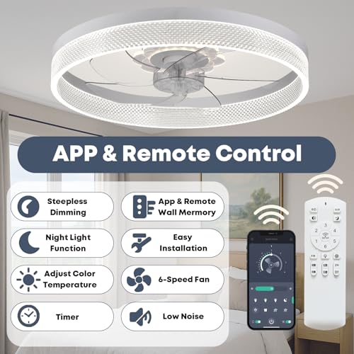 Foto de Ventilador de techo de 20 pulgadas con luz, ventilador de perfil bajo mejorado, ventilador de techo de montaje empotrado, 6 velocidades, LED regulable, aplicación y control remoto, motor de CC (imagen 5)