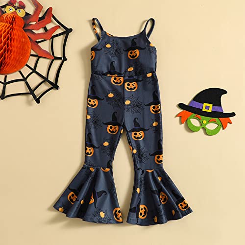 Toddler Baby Girl Floral Jumpsuits Kids Halloween Pumpkin Flower Strap One Piece Overall Romper Flare Pants Clothes (Pumpkin Black,18-24 Months) #TOP1