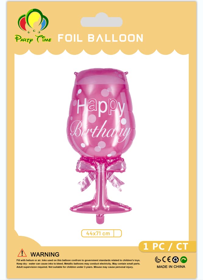 PARTY TIME - 1 Piece Pink Wine Glass Shape Happy Birthday Large Size and Thickened Foil Balloon for Birthday, Anniversary, Wedding, Bachelorette Decoration (44x71cm.)