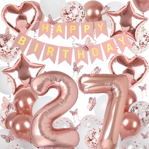 Image of Rose Gold 27th Birthday Decorations for Women, 27 Year Old Sign with Happy Birthday Banner, 40In Number 27 Foil Birthday Balloons, Butterfly Decorations, Heart and Star Balloons