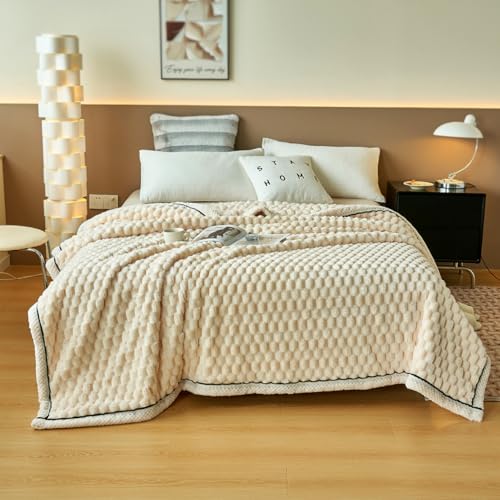 UGFJMNコーラルフリース両面ブランケットBlanket毛布シングル​ 柔らかいふわふわ軽量洗える大判ブランケット，マイクロファイバー厚手 吸湿発熱 静電気防止ひざ掛け ブランケット秋冬用防寒オールシーズン掛け毛布(ベージュ,100*150cm) [3]