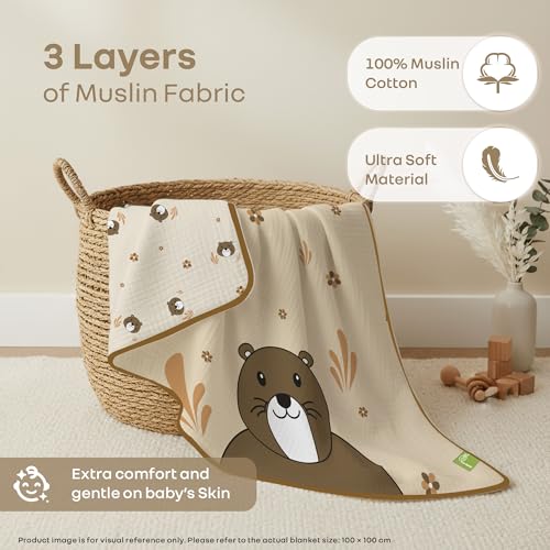 Image of R for Rabbit Softkins Muslin Quilt Blanket for Newborn Baby 3 Layers Muslin Cotton Fabric All-Season Soft Breathable Lightweight & multipurpose Reversible Dohar, 100 x 100 cms, 0+ Months (Teddy Beige)