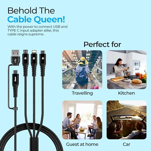 Image of Foxin MAC05 Dual Input 20W 3 in 1 /6 in 1 Nylon Braided 1.5mt 4 Amp Multipurpose Parallel Fast Charging Cable | Universally Compatible, USB & Type C Input | Type C, 8 Pin, Micro Output | Made in India