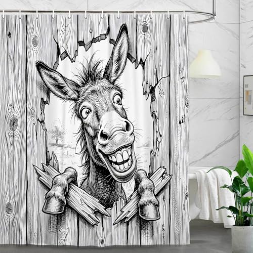 Image of Boziqr Funny Donkey Shower Curtain, Fun Black White Donkey Shower Curtains for Bathroom Peeking Funny Cute Animal Rustic Farmhouse Bath Curtain Decor, 69 X 75 Inch