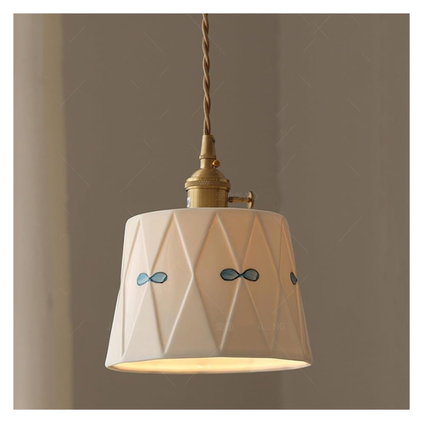 KHUKHU White Milk Glass Pendant Light Above Kitchen Sink Vintage Farmhouse Pendant Light Fixture Ceramic Drum Gold Mid Century French Country Chandelier for Bedroom Dining Room Hallway(Bow Knot)