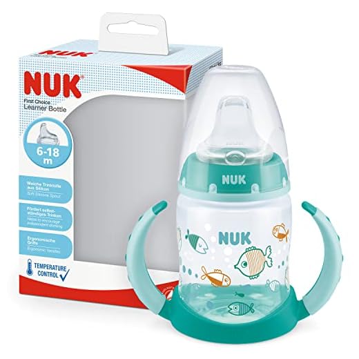 NUK First Choice+ Botella para aprender a beber, 6 – 18 meses, 150 ml, indicador de temperatura, boquilla antigoteo, asas ergonómicas, sin BPA, color verde