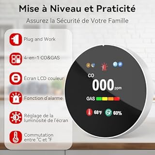 CHZHVAN Détecteur de Monoxyde de Carbone et de Gaz avec Prise, Détecteur de CO 4 en 1 avec Capteur de Température et d'humidité, 1 Pièce