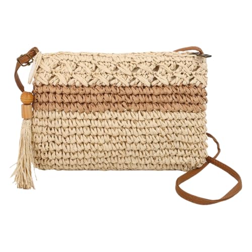 Women Stylish Knit Shoulder Bag with Tassel Hand Woven Sling Bag Wooden Bead Tote Bag Female Travel Commute Shoulder Bag