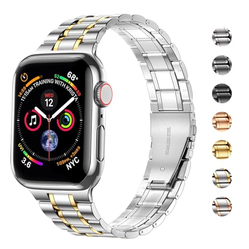 Image of MioHHR Solid Stainless Steel Bands Compatible with Apple Watch 38mm 40mm 41mm, Metal Strap with Soft TPU Case for iWatch Bands Series 9 8 7 6 5 4 3 2 1 SE SE2 SE3 Women and Men, Silver /Gold