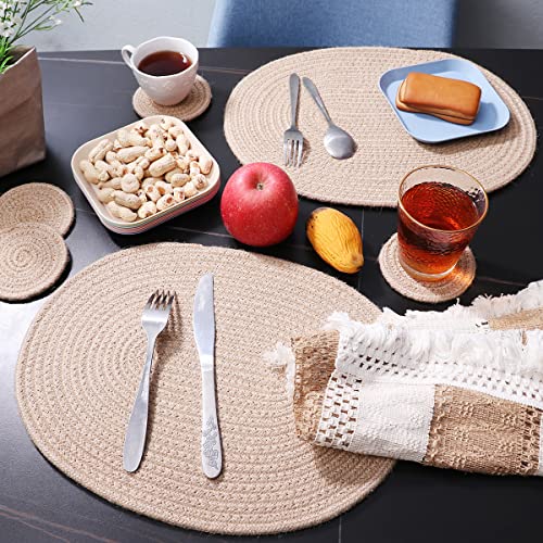 Wenfome 4 Pack Oval Jute Woven Placemats And Set Of 4 Round Fabric Coasters, Cotton Braided Placemats Set, Dining Table Mat, Heat-Resistant Pot Holders, 12 * 16'' Washable Place Mats #TOP5