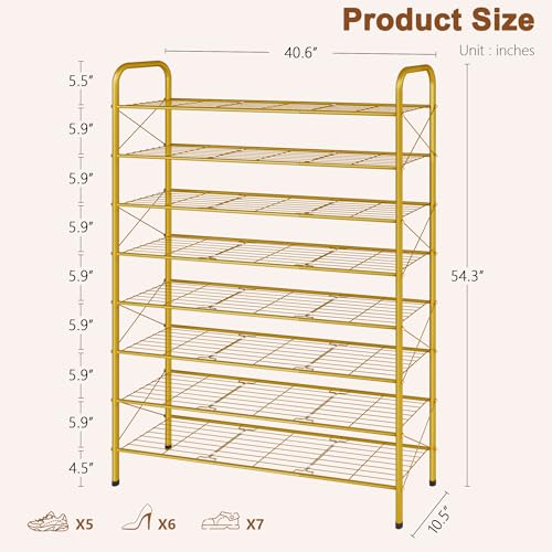 Image of Hoctieon 8 Tier Shoe Rack for Closet, Durable Mesh Style Shoe Rack, Entryway Shoe Shelf, Shoe Storage Organizer for Hallway, Bedroom, Living Room, Wardrobe, Gold