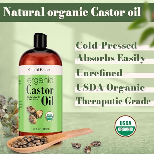 Natural Riches Organic Castor Oil - Cold Pressed, USDA Certified for Dry Skin, Hair Loss, Dandruff, Hair Growth, and Thicker Eyelashes & Eyebrows - 32 fl. oz. - Image 4