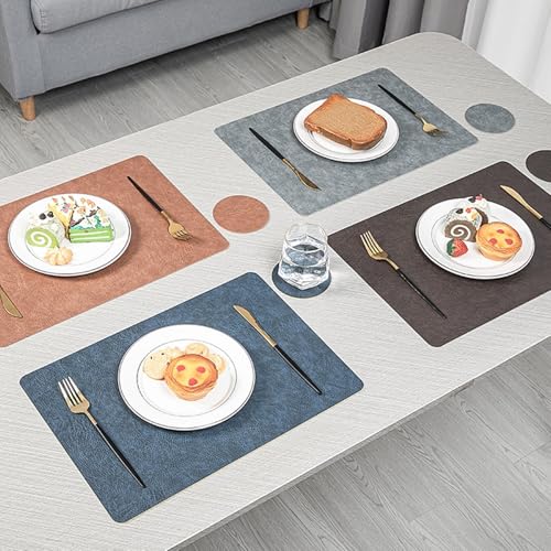 Sets de table imperméables en cuir synthétique réversible bleu et jaune - 4