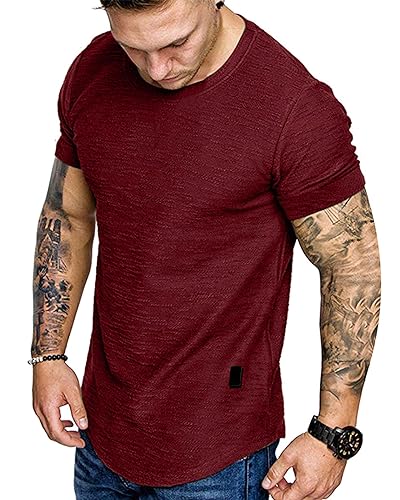 Fashion Mens T Shirt Muscle Gym Workout Athletic Short Sleeve Shirts Cotton Tee Shirt Top Red