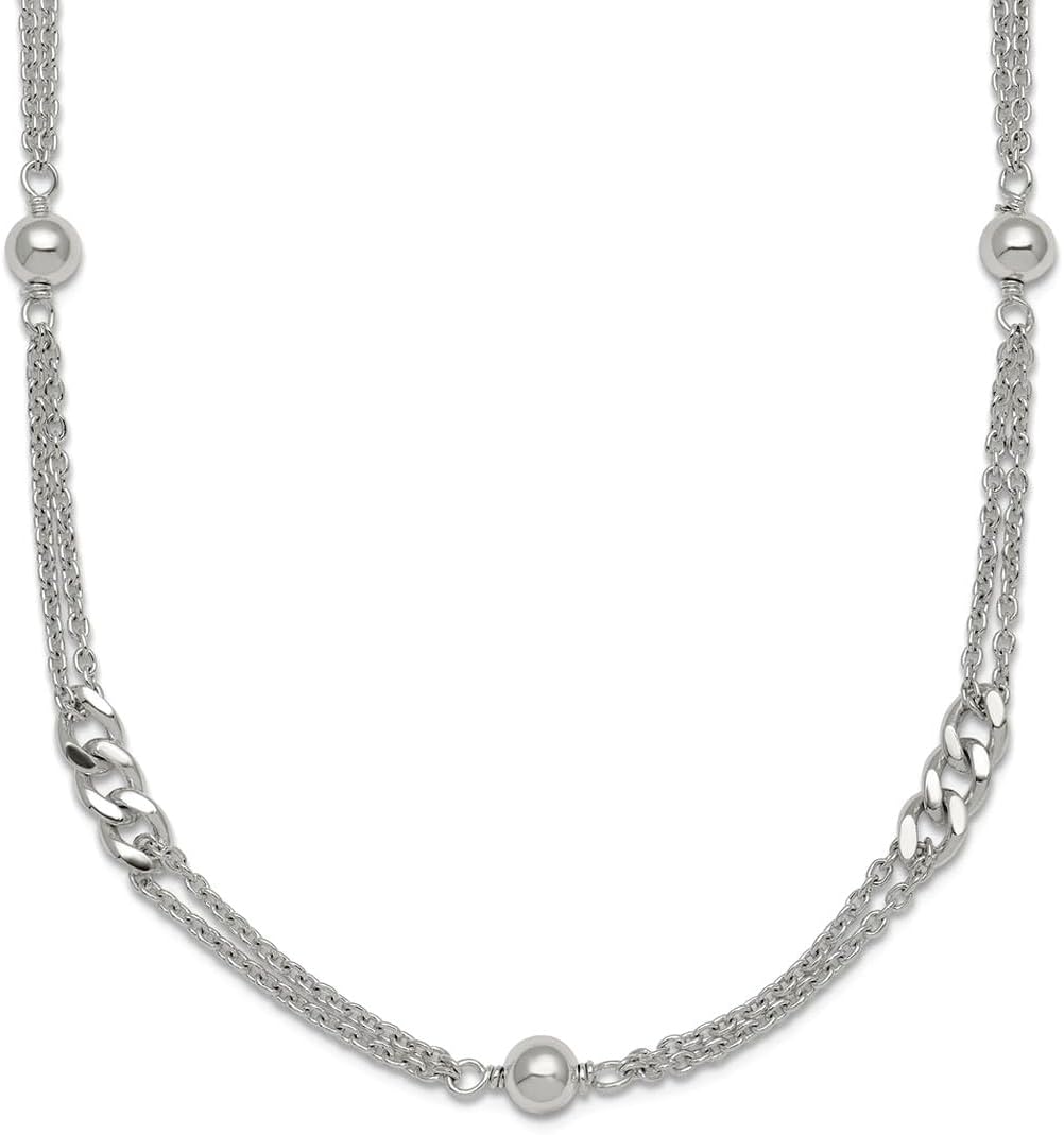 JewelryWeb Polished and Beaded Fancy 2-strand Link Necklace 17.5 Inch 1mm Wide Strand Necklace for Women