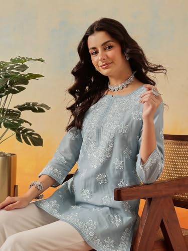 Image of Ada Hand Embroidered Lucknow Chikankari Straight Round Neck Cotton Blend Short Kurti Tunic Top for Women A911333