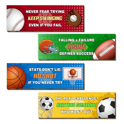 4 Pieces Sports Themed Motivational Bathroom Wall Art, Inspirational Quote Posters, Boys Room Decor for Bedroom, Playroom, Classroom, and Living Room, Athletic Decor for Kids and Teens 4 x 12 Inches
