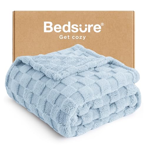 Image of Bedsure GentleSoft Light Blue Throw Blanket for Couch - Checkered Fleece Blankets Gifts for Kids Girls, Cute Soft Cozy Throw for Bedroom Home Decor Gifts, 50x60 Inches