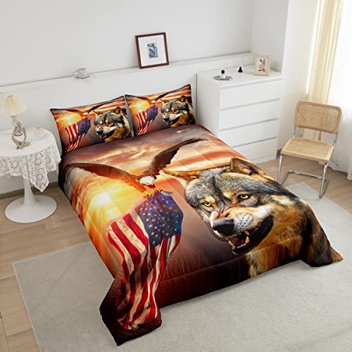 Manfei 3D Wolf Comforter Set Twin Size Eagle And American Flag Print Quilt Set Animal Theme Bedding Comforters 2Pcs For Kids Boys Teens Room Decor, Sunset Landscape Duvet Insert With 1 Pillowcase #TOP2