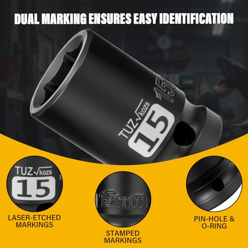Image of 1 /2 Inch Drive 15mm Shallow Metric Impact Socket,CR-MO,6 Point Radius Corner Design,Square Chamfered Opening,Axle Nut Impact Grade Socket for Easy Removal