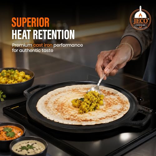 Image of Cast Iron Dosa Tawa with Dual Grip Handles | Pre-Seasoned Non-Stick Iron Tawa for Dosa /Chilla /Roti | Heavy Duty Non-Toxic Cookware | Gas Stove & Induction Compatible | Black, 30cm, 2.8kg