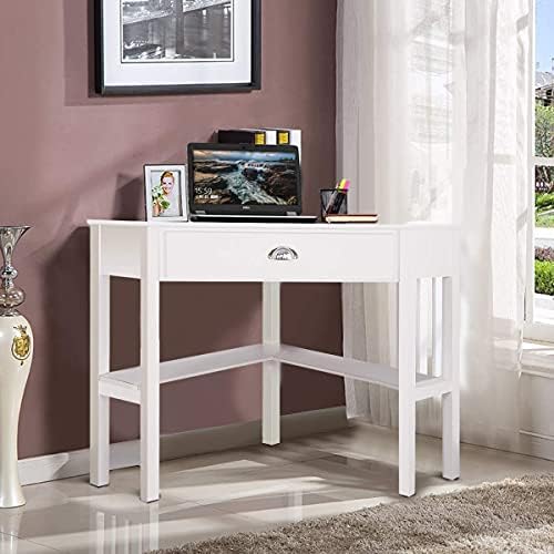 CASART Corner Desk, Triangular Computer Desk Workstation with Open Shelf & Drawer, Compact Solid Wood Study Table for Bedroom Living Room and Office (White)