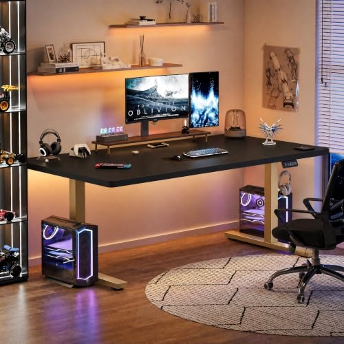 Image of Grandder 55x32 Extra-Deep Electric Standing Desk, Wide Desktop Fits 49 inch Ultrawide Monitor+Dual Screens, 176 lbs Capacity, 2 Memory Presets, Anti Collision, Computer Desk, Black Top&Gold Frame