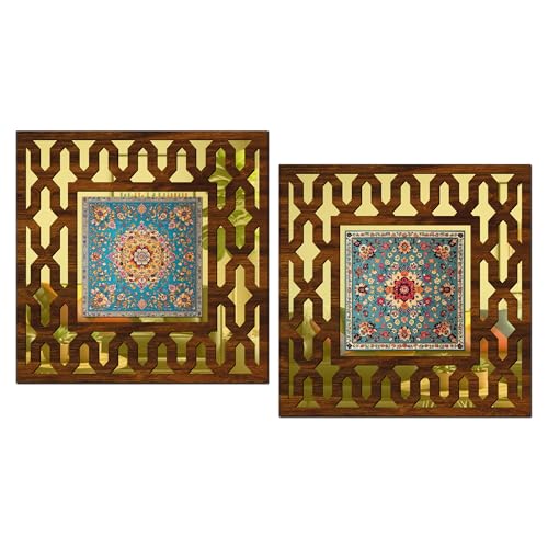 Image of Wooden Turkish Mirror Wall Decor Panel for Home Decor Living Room Bed Room Office (AD7, 12X12 Inches, Set of 2)