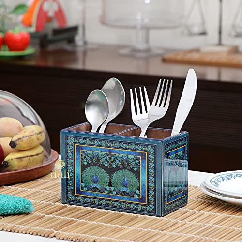Image of DULI Multipurpose Stand, Cutlery Holder, Spoon Stand, Table Organizer with 2 Sections, Chammach Stand (10cm x 15cm) (2Peacocks)