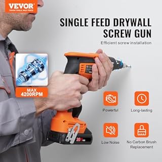 VEVOR Drywall Screw Gun, 20V Max Drywall Screwgun, 4200RPM Brushless Cordless Drywall Gun Kit with 2 Battery Packs, Charger, Belt Clip, and Tool Bag, Built-in LED Light, Forward and Reverse Adjustable