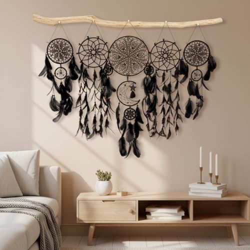 5 Pack Black Dream Catchers Boho Wall Decor Macrame Wall Hanging Large Moon Phase Handmade Traditional Dream Catcher for Bedroom Adult Living Room Home Halloween Decorations,Witchy Gifts(Black Set)