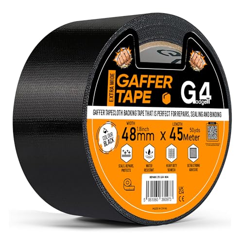 G4GADGET Gaffer Ruban adhésif en tissu imperméable, résistant aux déchirures et multi-usages pour intérieur et extérieur Noir 48 mm x 45 m