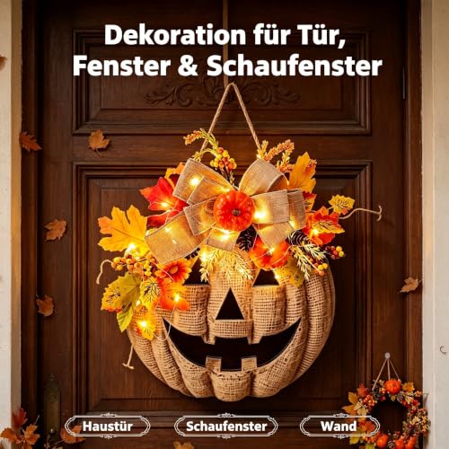 Beleuchteter Holz-Kürbis Türhänger, Beleuchtetes Halloween Türschild, LED Kürbis Wanddekoration, Herbst Schaufensterdekoration, Landhausstil Deko, Hängende Herbstdekoration – Bild 4