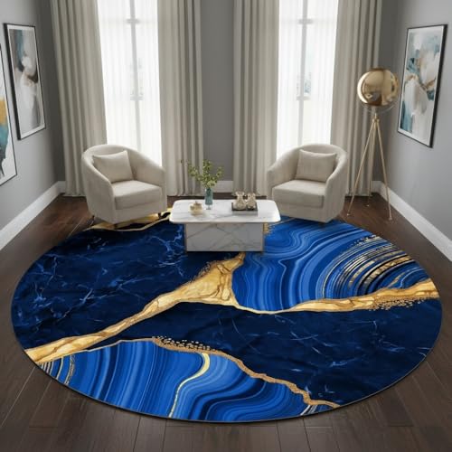 Navy Blue Gold Modern Lux Marble-Inspired Design 10ft Round Rug