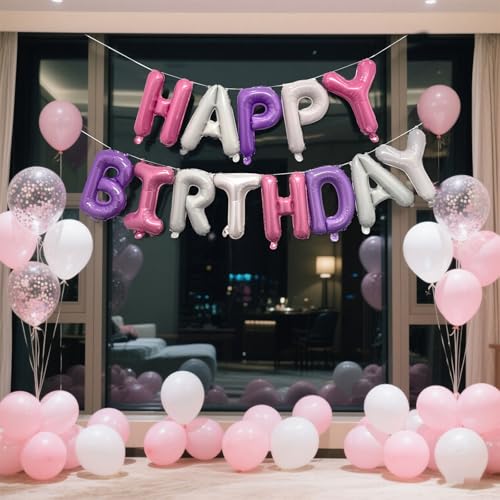 Image of Pink Purple Happy Birthday Balloon Banner Set -16 Inch Foil Letters Balloons, Reusable Birthday Decorations and Party Supplies, Suitable for Men and Women's Birthday Decorations，Party Backdrop