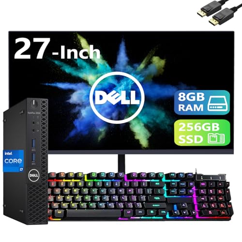 Dell Optiplex 3050 Mini Desktop, Windows 11 Pro, with 27 inch FHD (1920 x 1080) Monitor, Intel Core i7-7700T, 8GB DDR4 RAM, 256GB SSD, Keyboard&Mouse, USB WiFi, USB BT(Renewed)