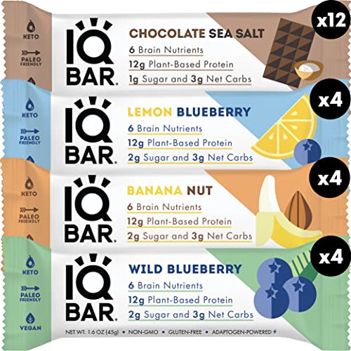 Iqbar Brain And Body Keto Protein Bars - Chocolate Sea Salt And Fruit Lovers Variety - 12 Count Energy Bars - Low Carb Protein Bars - High Fiber Vegan Bars Low Sugar Meal Replacement Bars #TOP1